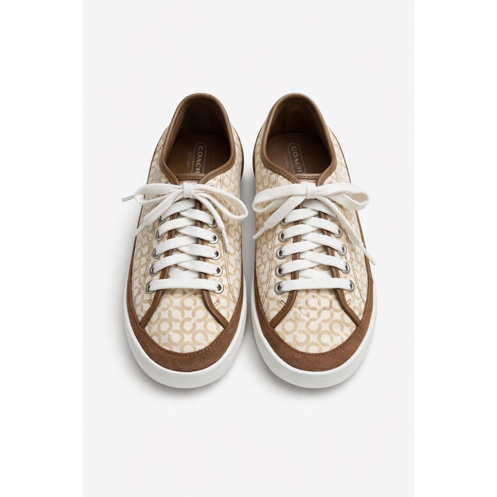 Coach Signature Canvas Sneakers Brown Tan Lace Up Low Top Casual Shoes Women’s 7